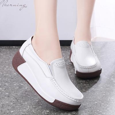Genuine Leather Casual Shoes Women Fashion Platform Shoes Slip-on Loafers Walking Wedge Heels Rocker Shoes