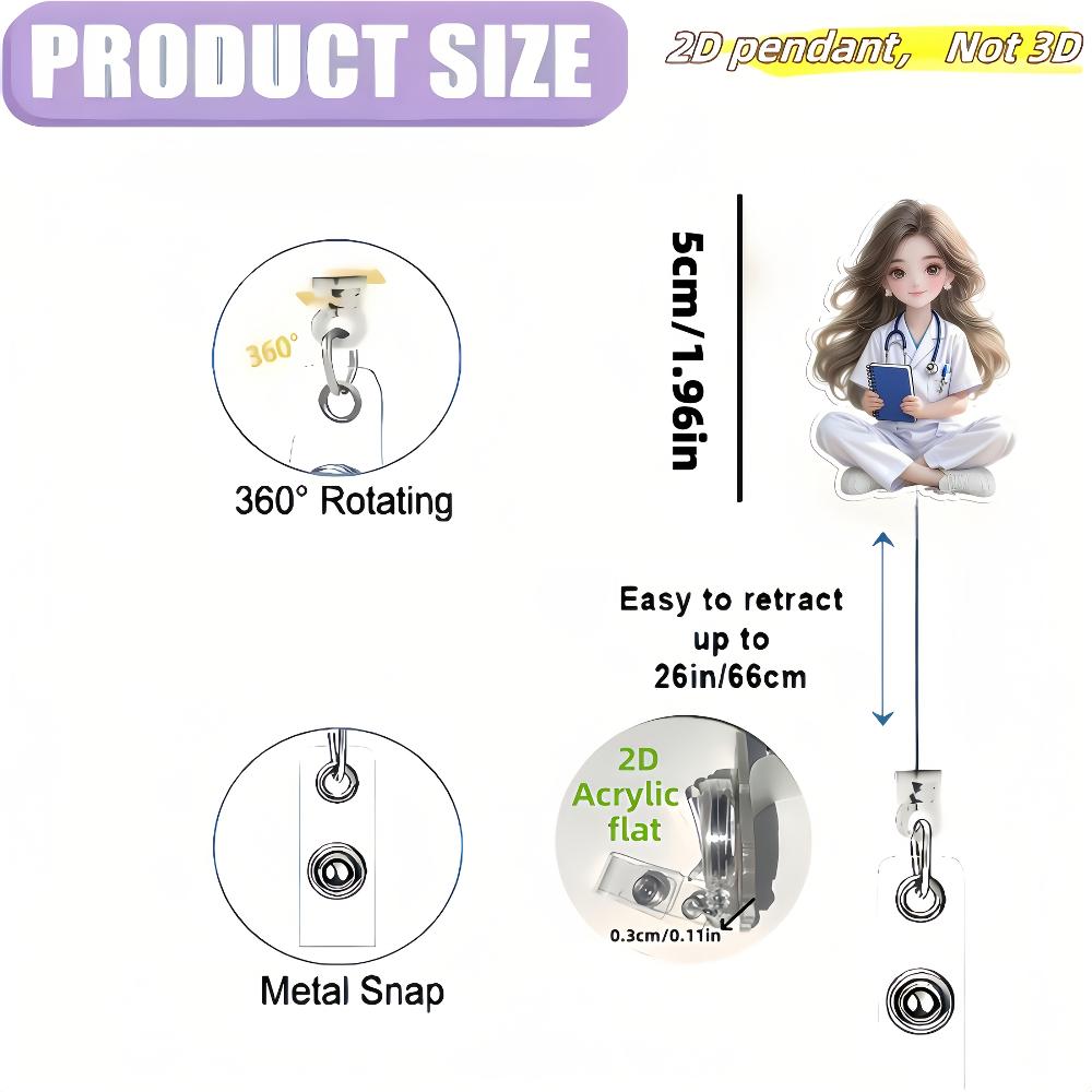 2D Flat Acrylic Cartoon Nurse & Doctor Card Holder, Retractable Badge Reel, Hospital ID Badge & Chest Pin for Doctors & Nurses