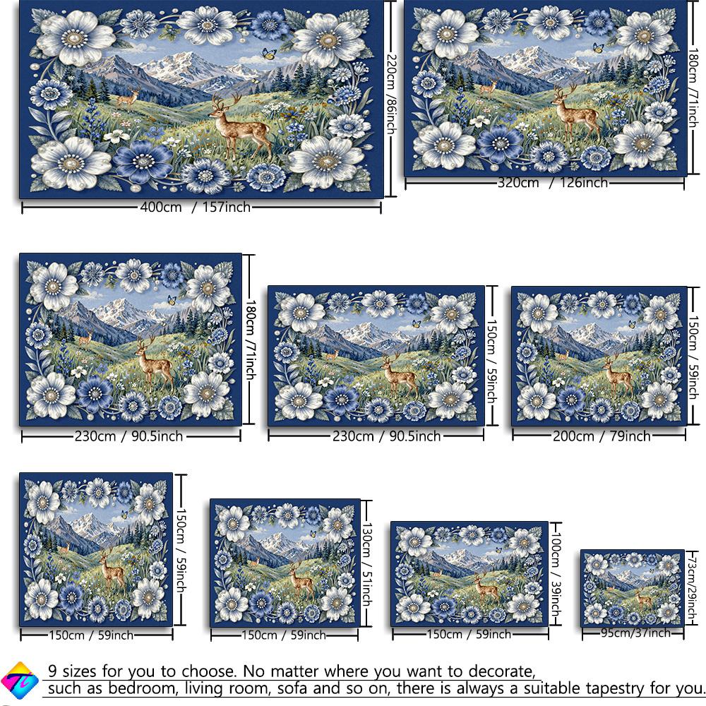 1pc Blue Floral Border with Mountain and Forest Deer Scenery Printed Tapestry Wall Hanging, Simple Art Bohemian Style Living Room Bedroom Home Decor F