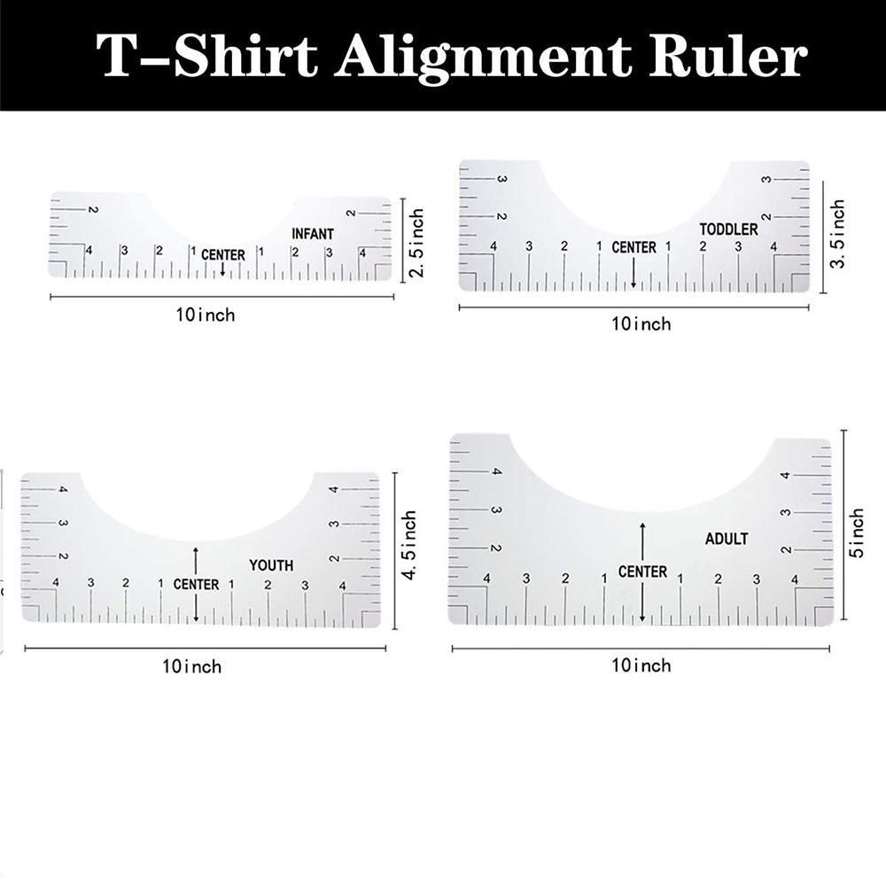 4pcs T-Shirt Ruler Guide Shirt Alignment Tool T-Shirt Alignment Ruler with Clothing Size Chart for Adult Youth Toddler Infant