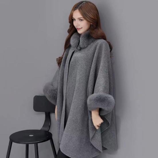 Lady Winter Cape Coat Dolman Sleeves Thick Shawl Loose Stand Collar Solid Color Faux Fur Decor Warm Daily Wear Work Outdoor Poncho