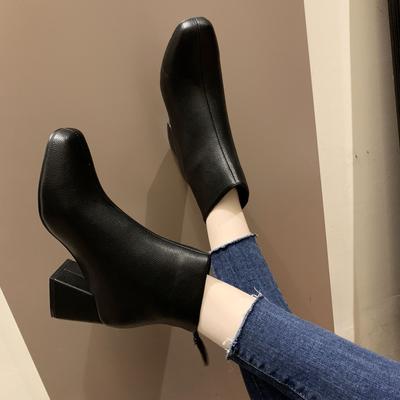 New Fashion Leather Ankle Boots Women Thick High Heels Zipper Pointed Toe Autumn Winter Woman Shoes Square Heel 2024