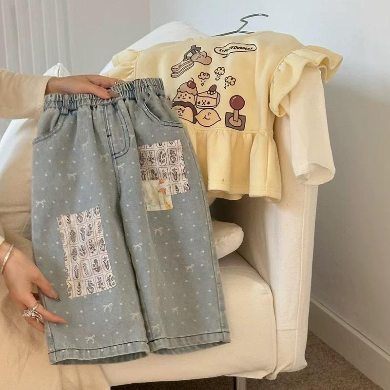Girls Fall Fashion Patchwork Denim Wide Leg Pants Kids Stylish Casual Trousers 90cm синий
