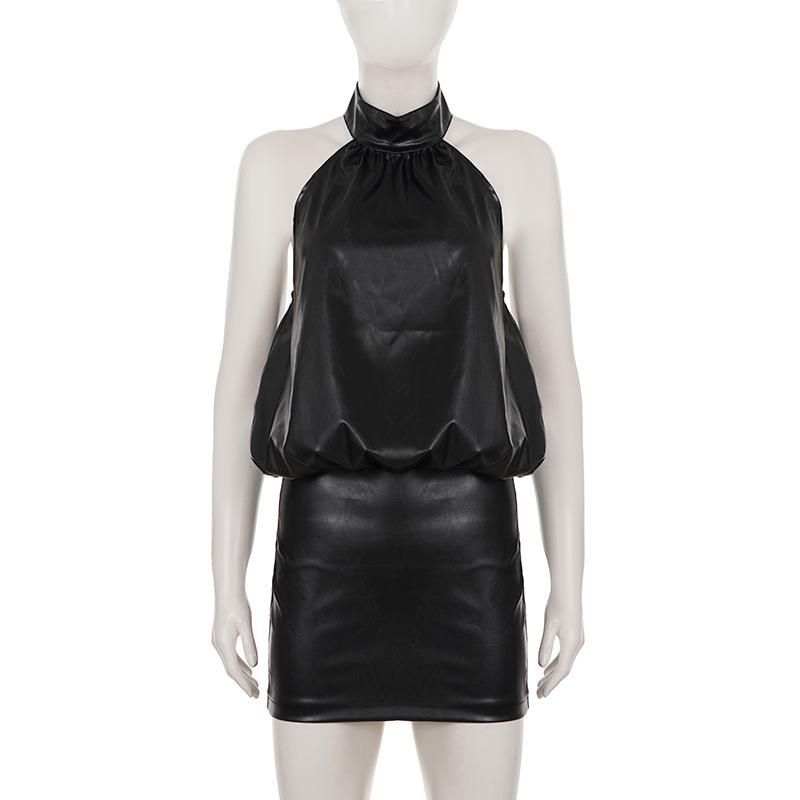 

2026 Spring Sexy Backless PU Leather Bodycon Halter Dress Small чёрный