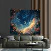 Starry Sky Tapestry, Crescent Moon And Falling Stars With Flowers, Fantasy Night Sky Wall Hanging For Bedroom Living Room