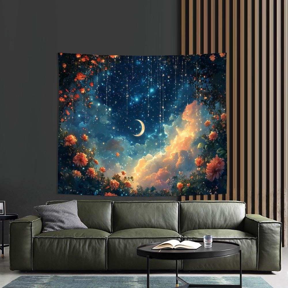 Starry Sky Tapestry, Crescent Moon And Falling Stars With Flowers, Fantasy Night Sky Wall Hanging For Bedroom Living Room