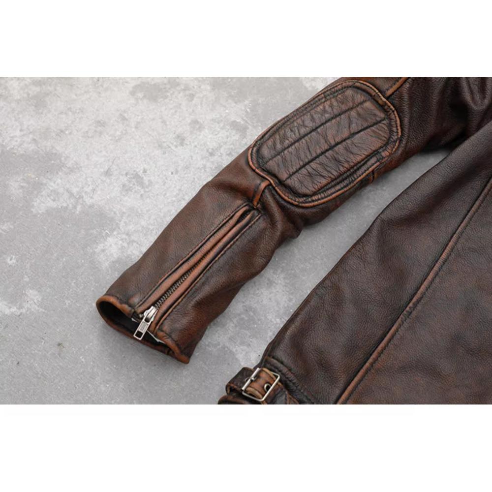 Chinese Size Vintage Red Brown Real Cowhide Genuine Leather Jacket Men Motorcycle Coat Mens Biker Clothes Spring Autumn