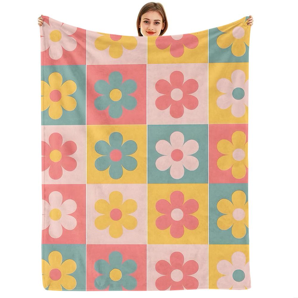 Checkerboard Lavender Simple Flower Anime Cartoon Flannel Blanket Soft Warm Throw for Bedroom Sofa Car Kids Holiday Gift