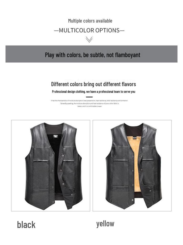 Men's Winter Leather Vest with Sloping Shoulder and Plus Velvet, Casual Warm Plus Size Waistcoat