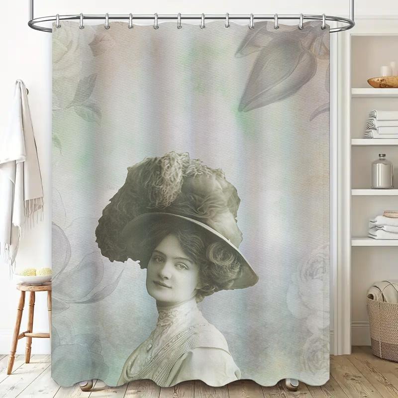 Elegant Vintage Bath Shower Curtain Cream Floral Victorian Woman Design Printed Polyester Waterproof Bathroom Liner With Hook Ri