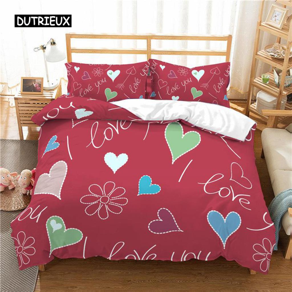 Love Heart Duvet Cover Set Cartoon Fun Colorful Hearts Quilt Cover Twin Romantic Style I Love You Polyester Bedding Set for Teen