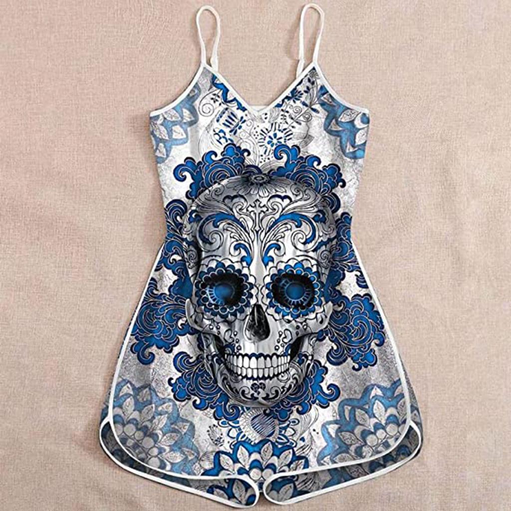 Wish Halloween print lady skull suspender jumpsuit