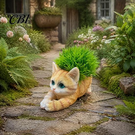 Decorative Cat Ornament Creative Resin Planter, Cute Lying Flower Pot for Garden Window Sill Plant Holder Yard, Adorable Animal Holder, Indoor Outdoor