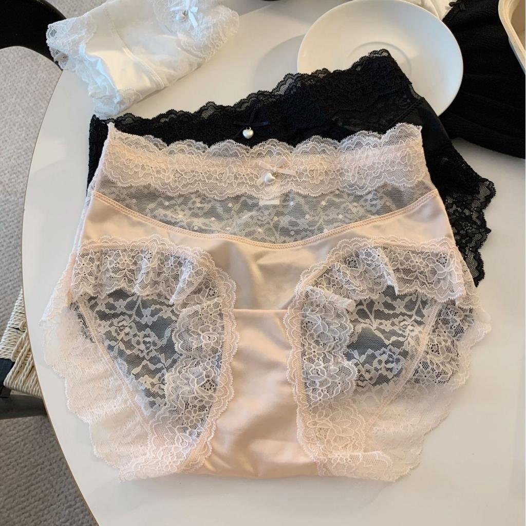 Female Summer Sexy Lace Pure To Light Luxury Satin Pure Cotton Crotch Waist Triangle Briefs
