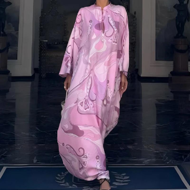 Pattern Printed Party Dress Retro Seven Quarter Sleeve Middle Eastern Dress Ladies O-neck Lace Up Loose Robe Dress