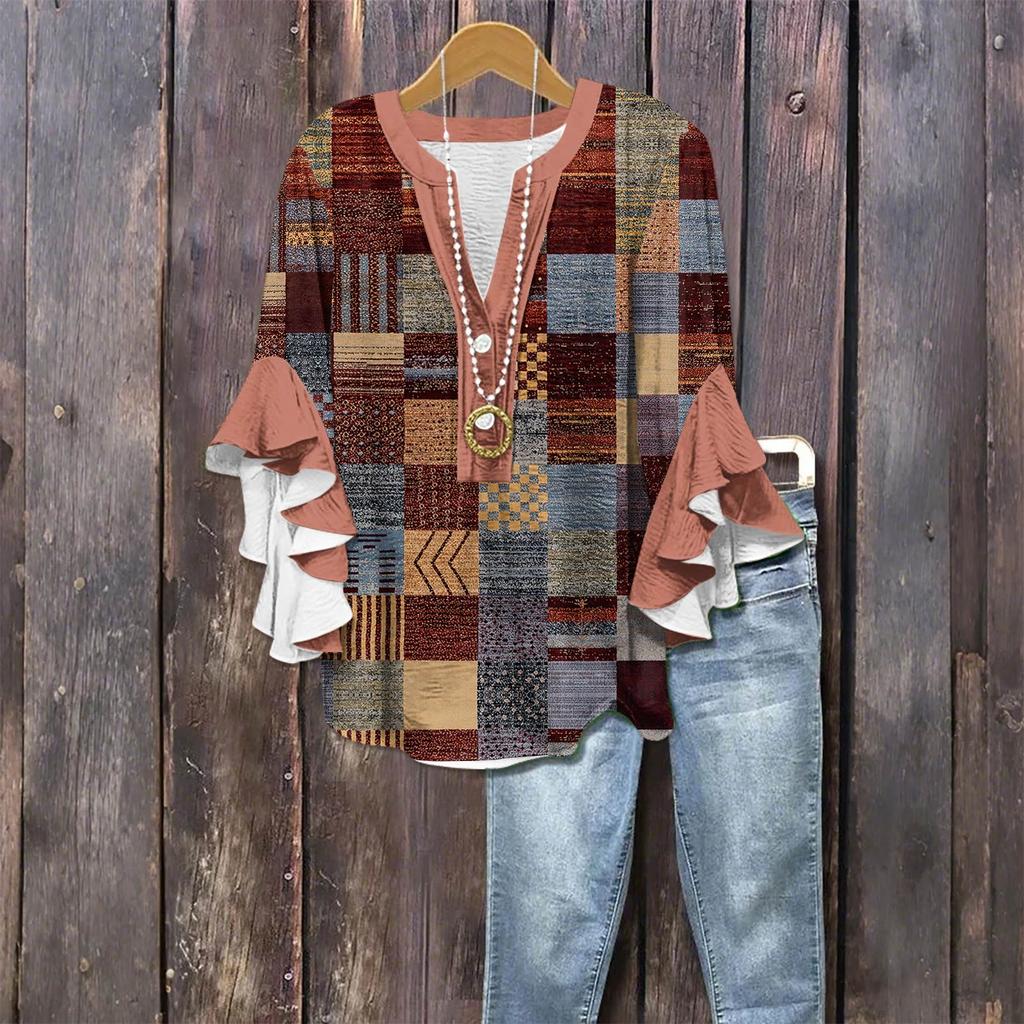 Modă Femei Casual Buton Gât V Mânecă Șapte Bluză Top Imprimeu Vintage