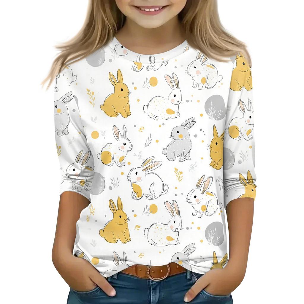 Children's 3/4 Sleeve Tops Casual Print T Shirt Round Neck Pullover Blouse