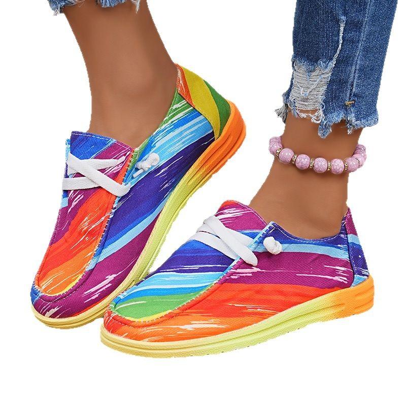 Lace-up Color Low-top Single Shoes Women's Ethnic Style Graffiti Lazy Canvas Flat-soled Single Shoes