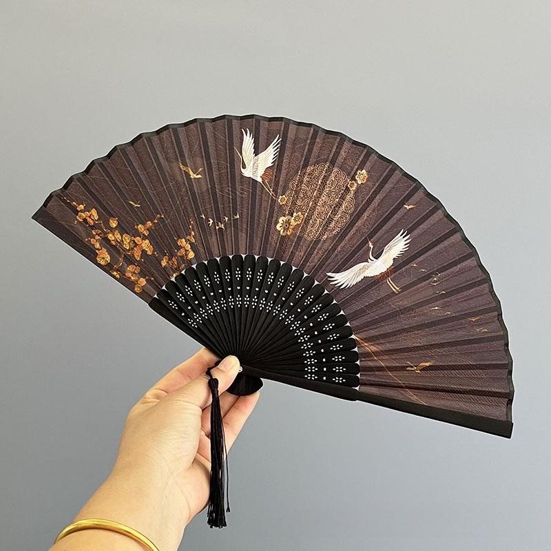 Vintage Crane Pattern Folding Fan with Tassel Chinese Style Handheld Fan for Daily Use and Decoration