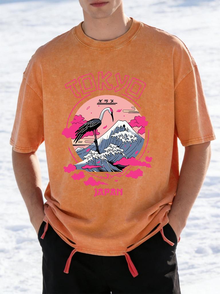 Tokyo Japan Crane Waves Prints Washed TShirts Womens Cotton Oversize T Shirt Summer ONeck Short Sleeve Tops Casual Clothes