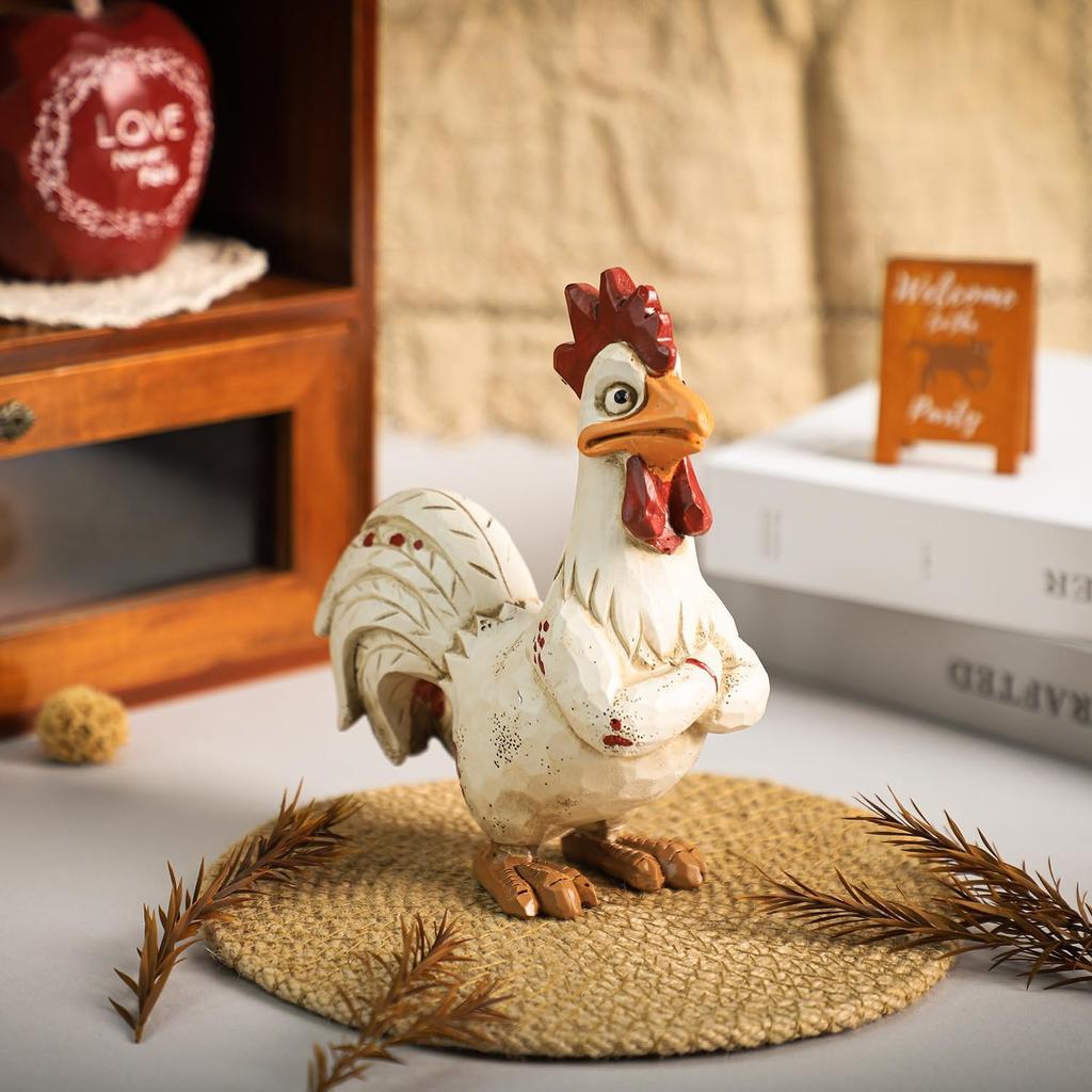 Bicuzat Funny White Rooster Statue, Resin Table Art Sculpture Funny Rooster Figurine Decoration, Rustic Country Tabletop Decoration, Farm Animal