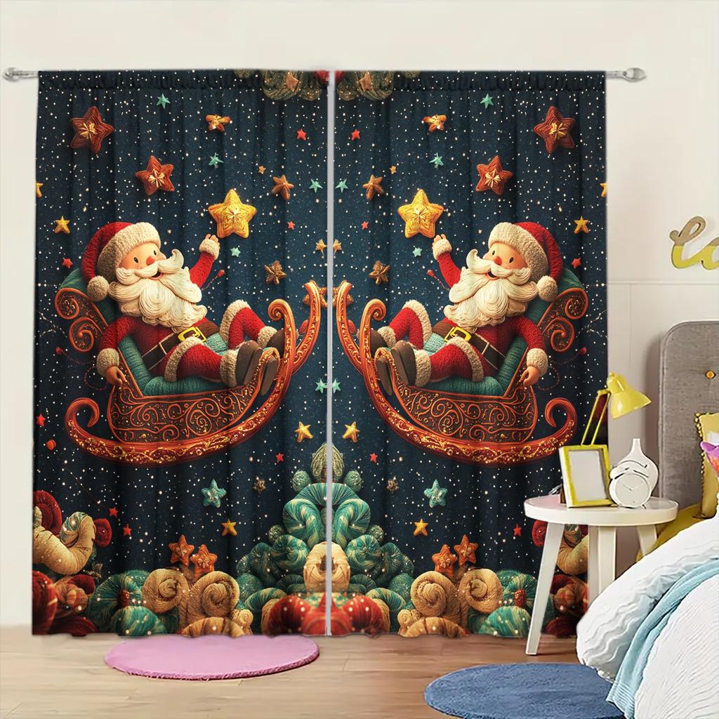 2pcs Santa Claus Rides Sled Printed Curtain for Christmas Home Decor - Rod Pocket Window Treatment for Bedroom, Office, Kitchen