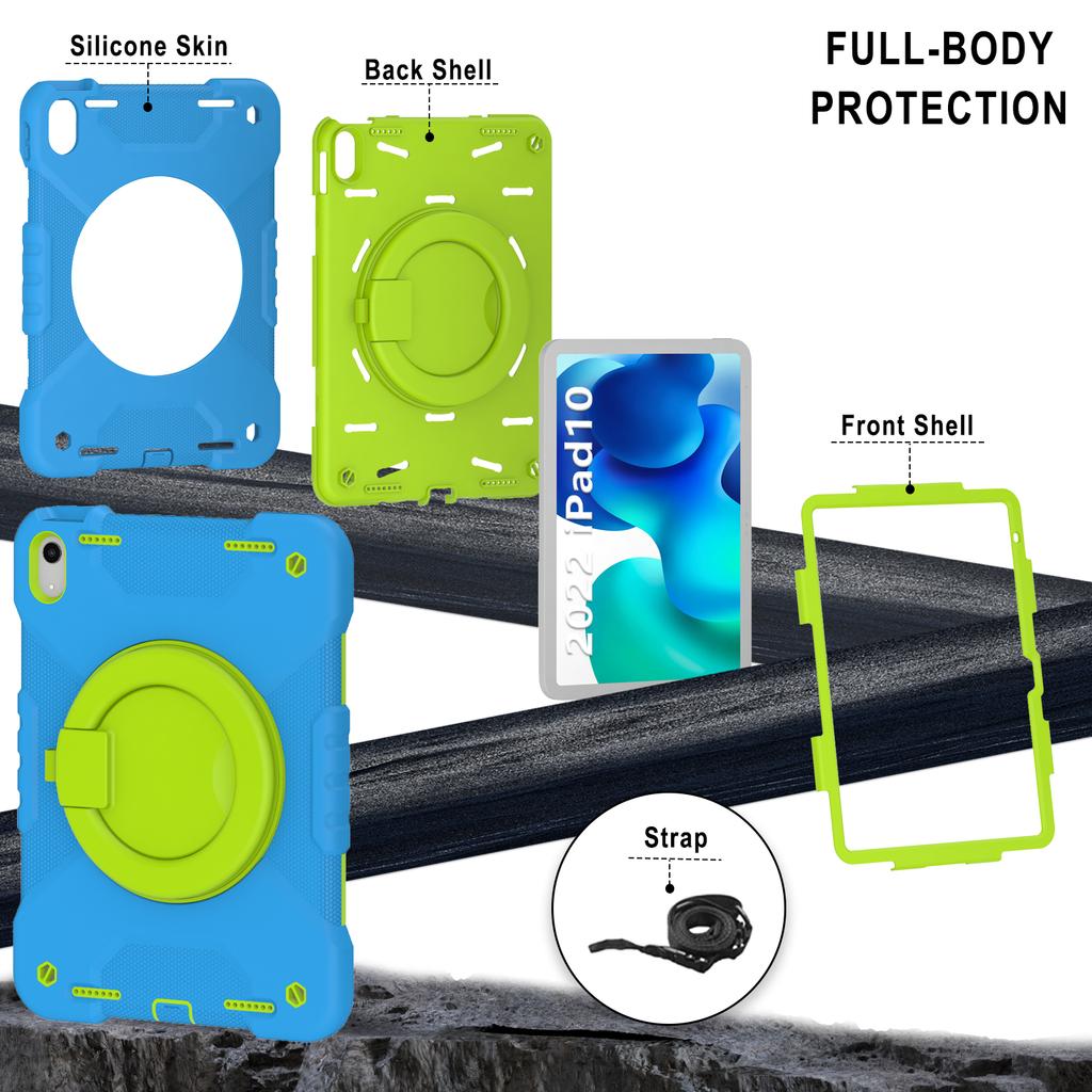 Rotatable Stand Armor Case for iPad A16 2025 11th 10.9 2022 10th Gen. Hybrid Cover With Handle Grip Shoulder Strap PC Silicone