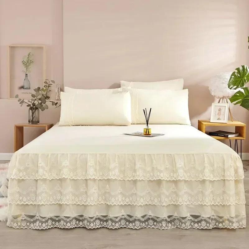 Luxury Lace Bed Skirt Summer Bedspread Solid Satin Rayon Bed Linen Couple Bedding Single Double Queen King Size Bed Sheet