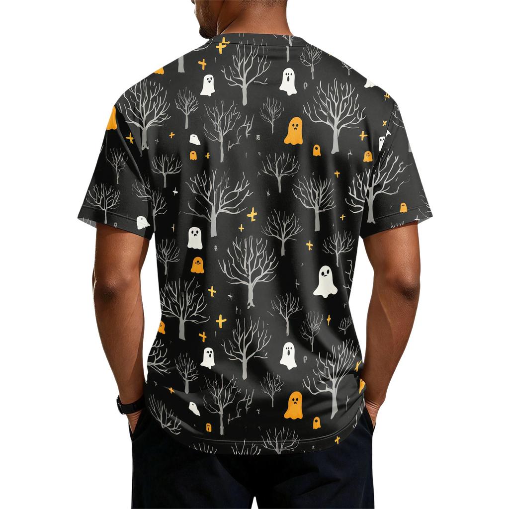Men's Halloween Print Short Sleeve Henley Shirt Casual Button Up T-Shirt Lightweight Breathable Fabric for Everyday Wear