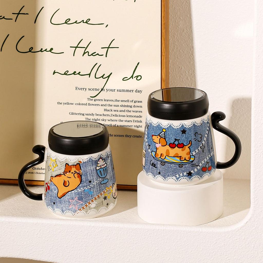 Cartoon Cat Cute Ceramic Mug with Mirror Lid Drinking Cup High Looking Souvenir Fireworks Tea Cup