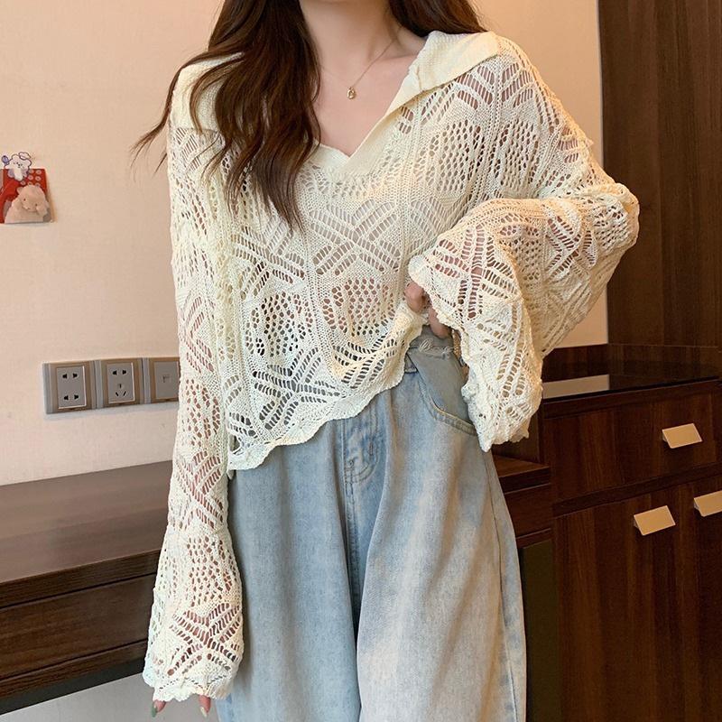 Women's Niche Hollow-Out Long-Sleeve Knit Sweater with Lapel Flare Sleeves - Early Spring Edition