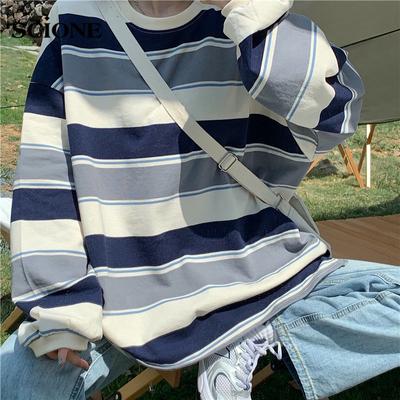Femmes chemise japonaise à capuche printemps rayé à manches longues T-shirt haut ample grande taille col rond chemise à bascule