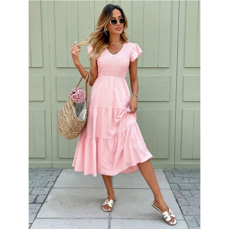 

Summer Women Dress Casual Slim Ladies Skirt European and American Flying Sleeves Dress Pink XL