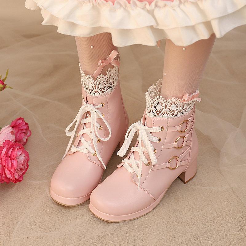 Short Boots Lace Belt Buckle Hollowed Out LO Lolita Shoes Student Dress Short Boots and Ankle Boots