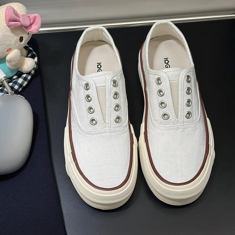 Linen thick-soled one-pedal thin canvas shoes women's new breathable and versatile casual height-increasing white shoes board shoes