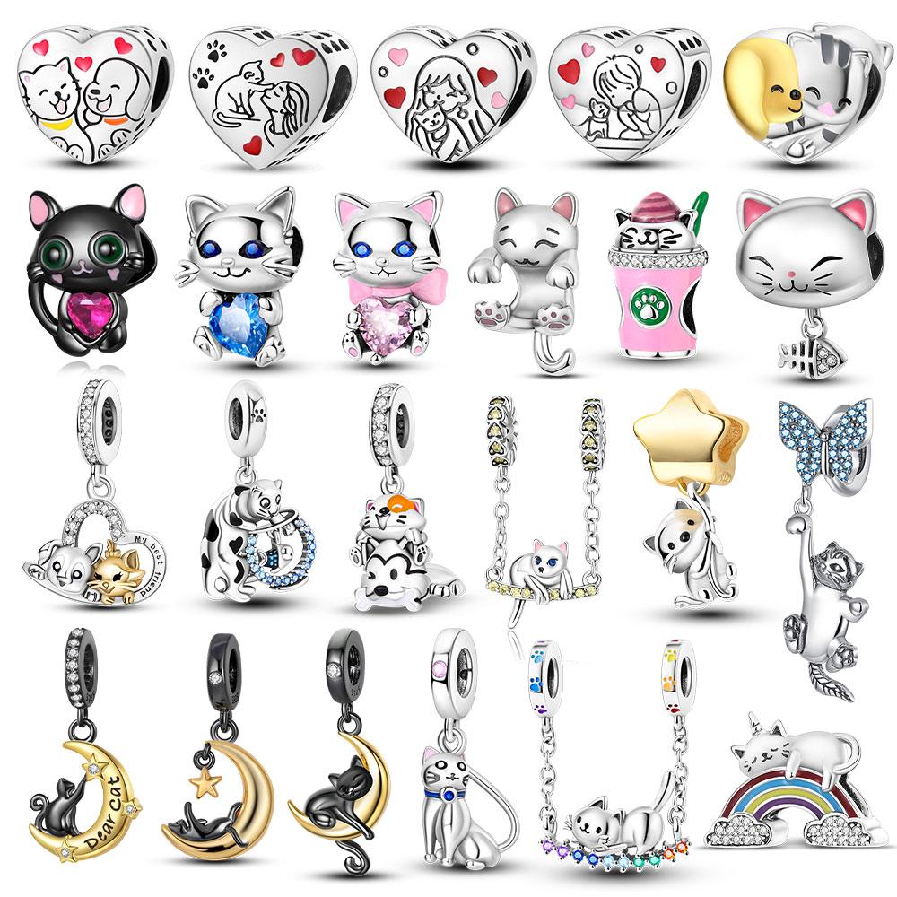 New 925 Silver Cute Cat Dog Charm Heart Pendant Beads Fit Bracelet DIY Women Jewelry Fine Gift