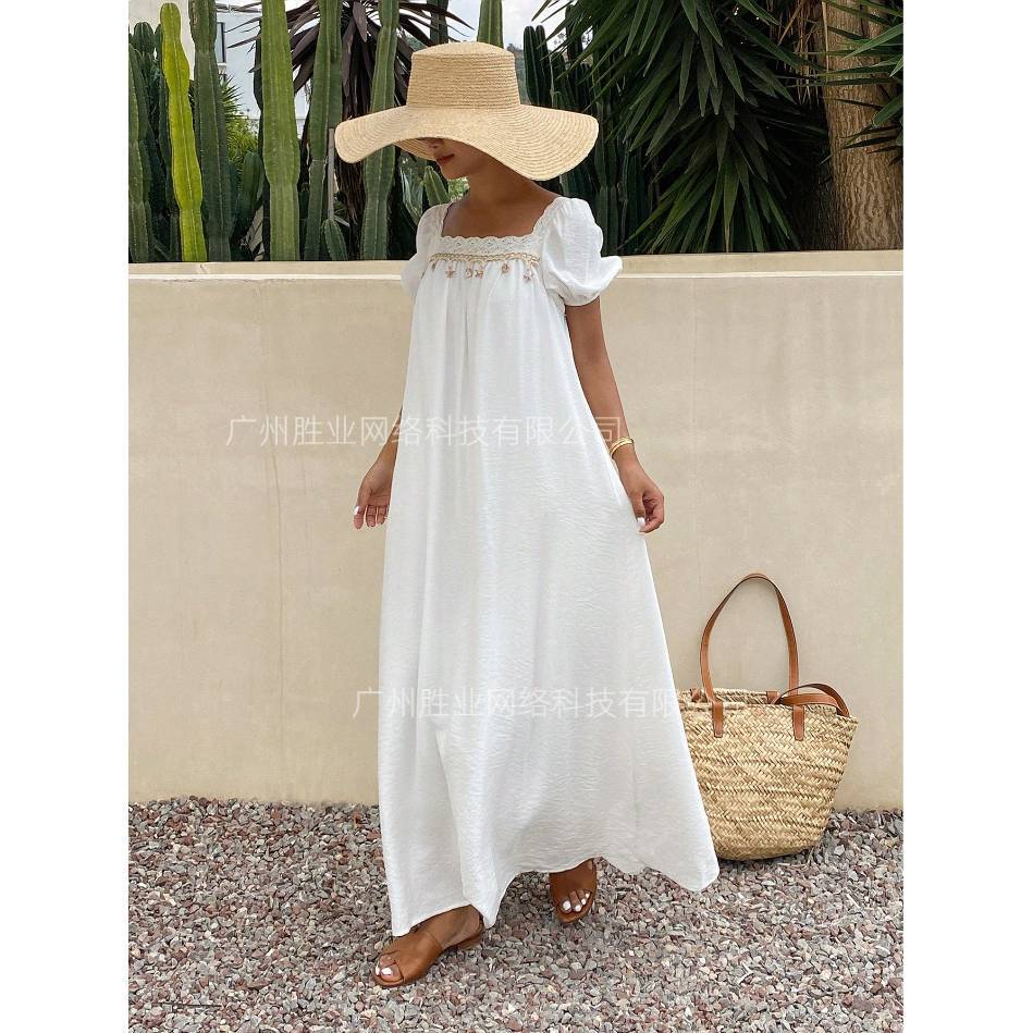 2025 summer new European and American cross-border foreign trade summer lace square collar pleated bubble sleeve long skirt seaside vacation style