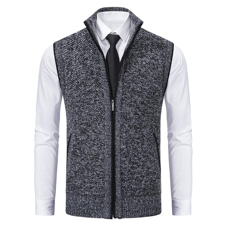 Men's Autumn/Winter Fleece-Lined Knit Sweater Vest with Stand Collar