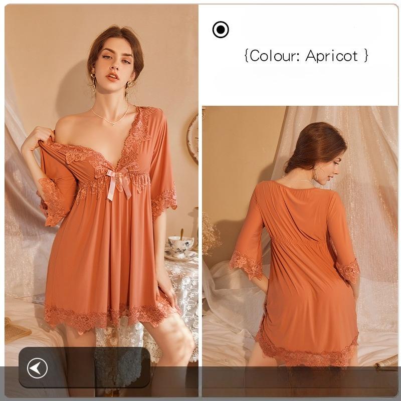 Sexy Lace Nightgown with V-Neck and Bow, Soft and Comfortable Splicing Design
