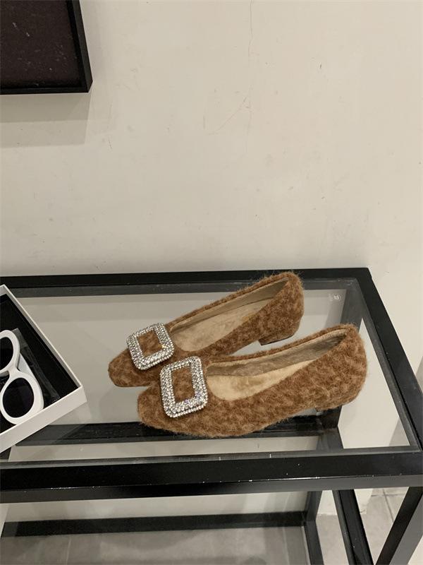2025 autumn and winter new gentle rhinestone square head velvet bean single shoes fashion fluffy shoes wear cotton ladyshoes