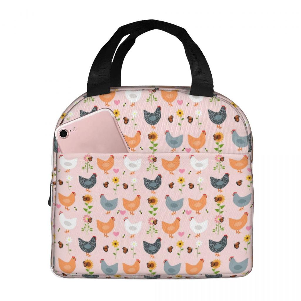 White Chickens And Floral Pattern Insulated Lunch Bag for Women Kids Leakproof Food Boxes Thermal Lunch Box Tote