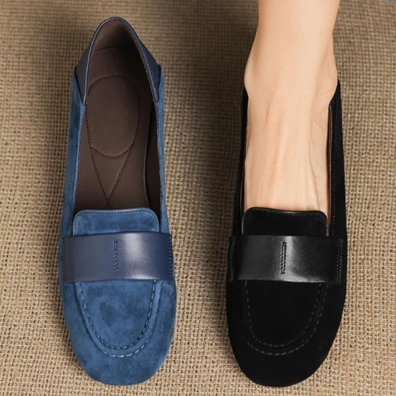 Retro Round Toe Faux Suede Low Heel Pumps Women Fashion Sewing Patchwork Design Loafers Elegant Comfort Commuting Office Shoes