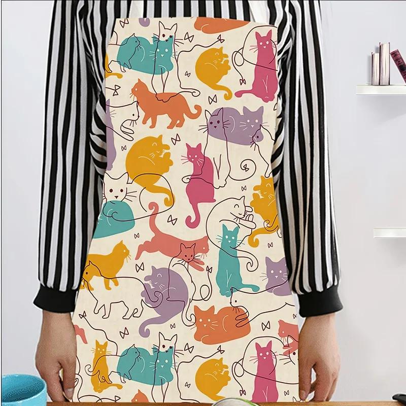1Pcs Apron Cotton Linen Cooking Cute Cat Printed Home Sleeveless Aprons Men Women Baking Accessories Household Kitchen Supplies