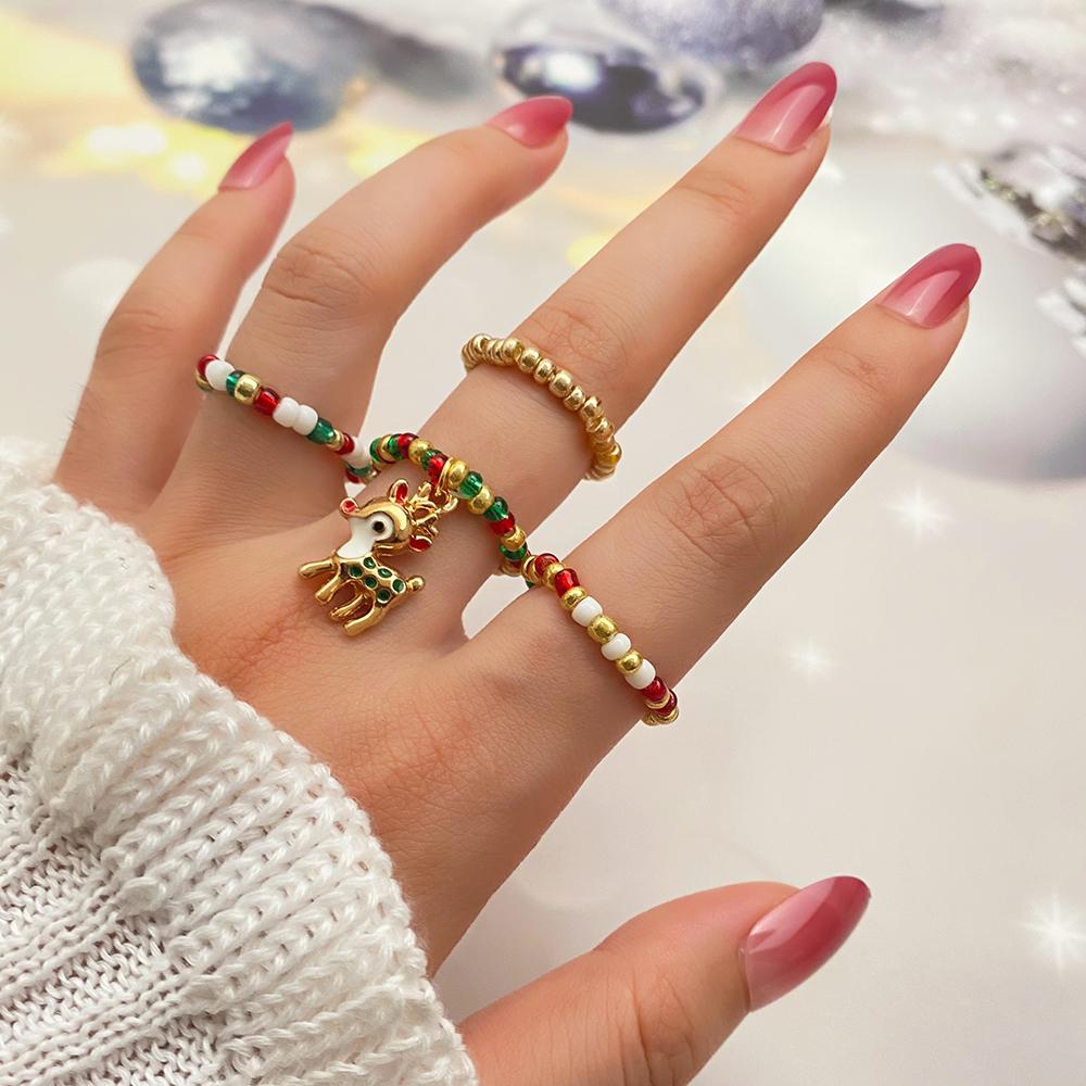 2023 New Christmas Tree Ring Colorful Luxury Santa Claus Ring Christmas Girl 4 Piece Ring Set Gift Elk Donut Pendant Fashion Exquisite Stretch Ring