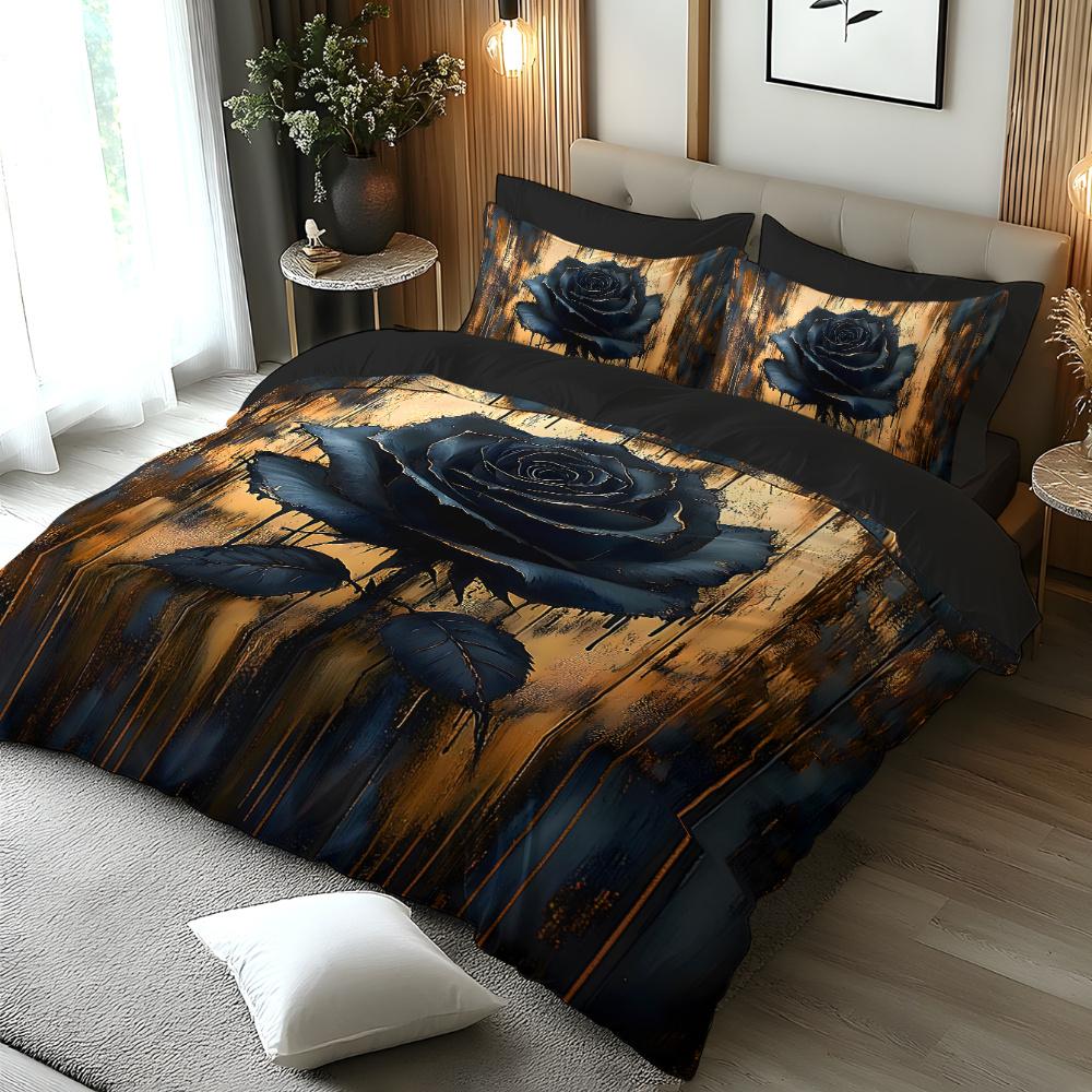 Black All-Polyester Printed Duvet Cover Bedding Set with Retro Luxury Rose Floral Design Theme 1*Duvet Cover + 1/2 Pillowcases