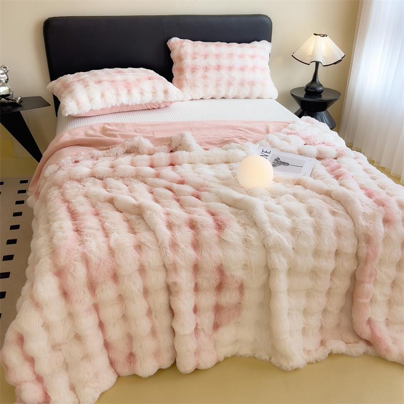 Luxury Super Soft Faux Rabbit Fur Blanket Fluffy Pink White Gradient Throw Blankets for Sofa Bed Winter Warm Thick Plush Blanket