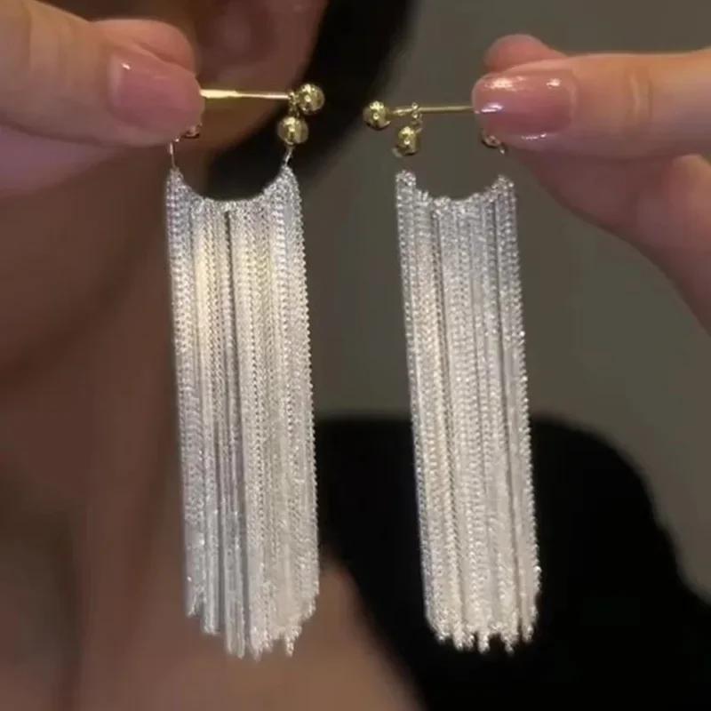 Charm Sparkling Galaxy Falls Long Tassel Drop Dangle Earrings for Women Exaggerate Stainless Steel Chain Hoop Earring Jewelry