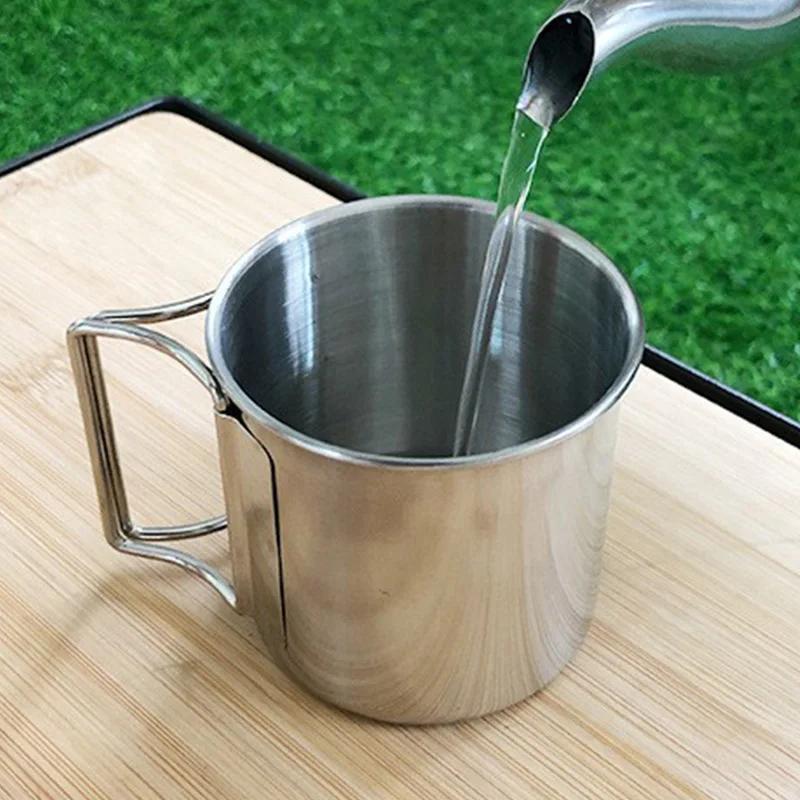 Stainless Steel Camping Cup Portable Carabiner Cups Outdoor Water Cup Mug With Foldable Handle Kitchen Drinkware