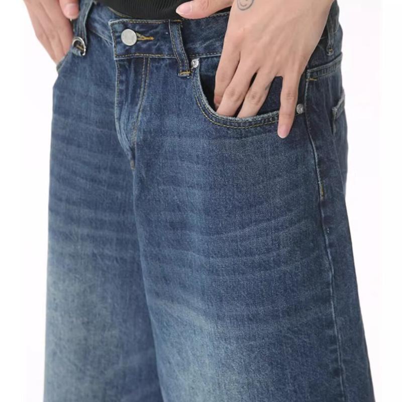 Nicchia Tutto abbinabile Pantaloncini da uomo americani Pantaloncini di jeans blu retrò consumati Larghi Dritti A gamba larga Pantaloni sette spacchi Pantaloni medi