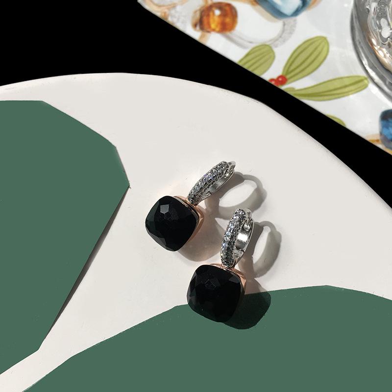 Náušnice puzetky z křišťálu a stříbra S925 ve stylu celebrit – Houbová hlavička s kamenem čtvercového tvaru v barvě bonbónu, zdobená diamanty